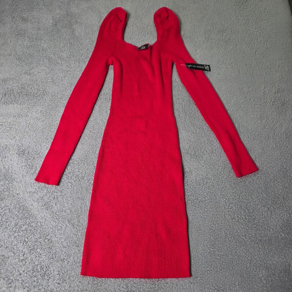 Derek Heart Womens S Bodycon Sweater Dress Red Ribbed Puff Sleeve Sweetheart